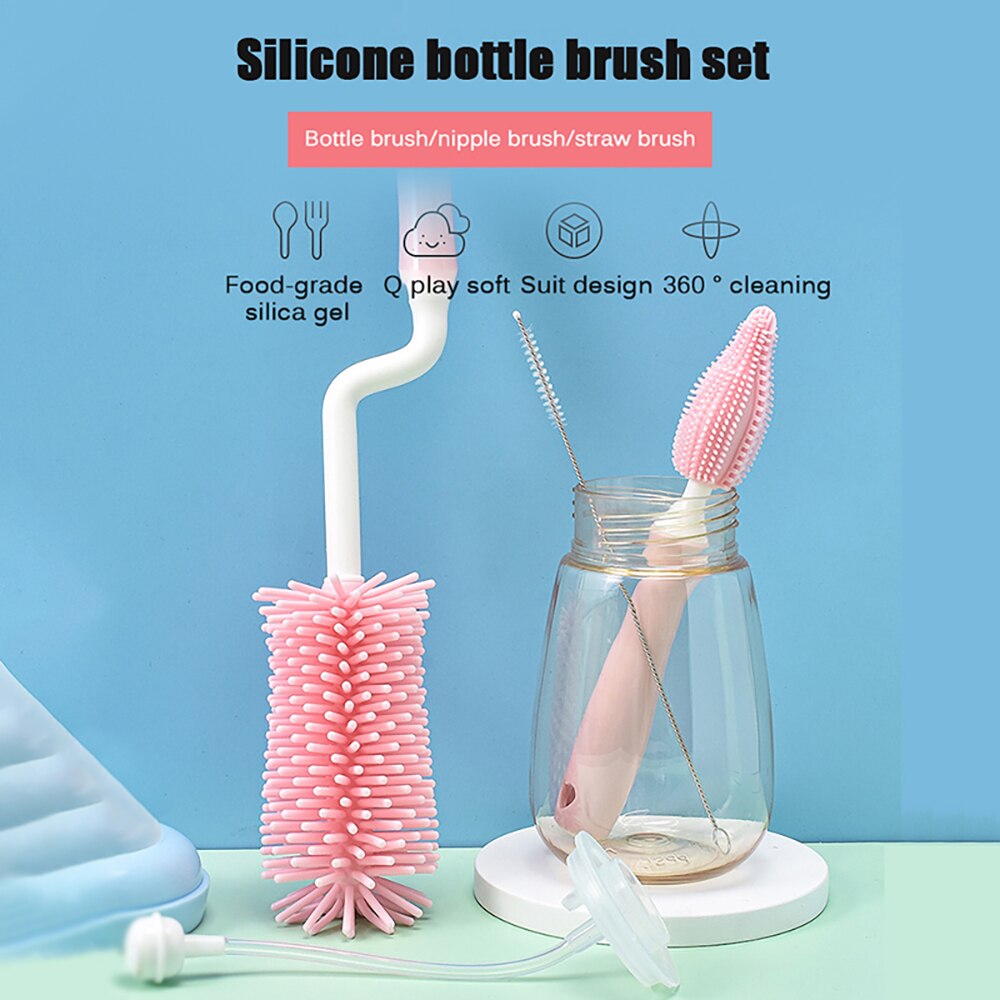 Baby Pacifier Cup Nipple Cleaning Brushes Set 360 Degree Rotation Silicone Milk Bottle Brush Infant Handheld Feeder Clean Brush