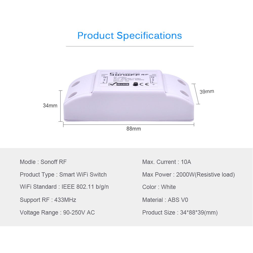 Itead Sonoff RF WiFi Wireless Switch 433MHz Receiver Remote Controller DIY Smart Home Automation Relay Modules Timer AC 90-250V