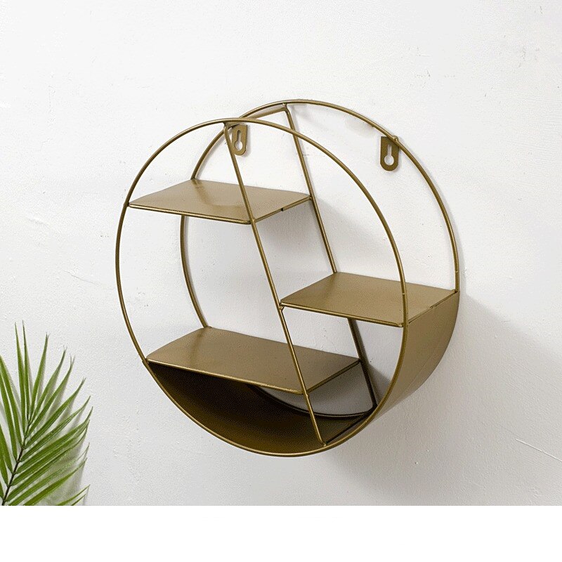 Nordisk stil metal dekorativ hylde rund sekskant opbevaringsholder stativ hylder hjem vægdekoration potte ornament holder stativ: Rund gylden
