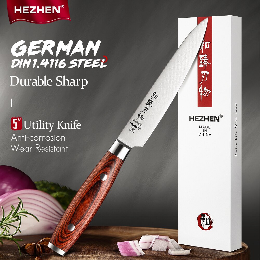 HEZHEN 1-5PC Kitchen Knife Sets Stainless Steel Sharp Cook Beautiful box Pakka Wood Handle Kitchen Tool: utility knife