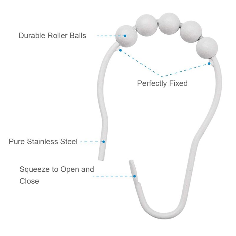 Douchegordijn Haken Ringen, rvs Roestbestendig Douchegordijn Ringen En Haken-Set Van 12-Wit