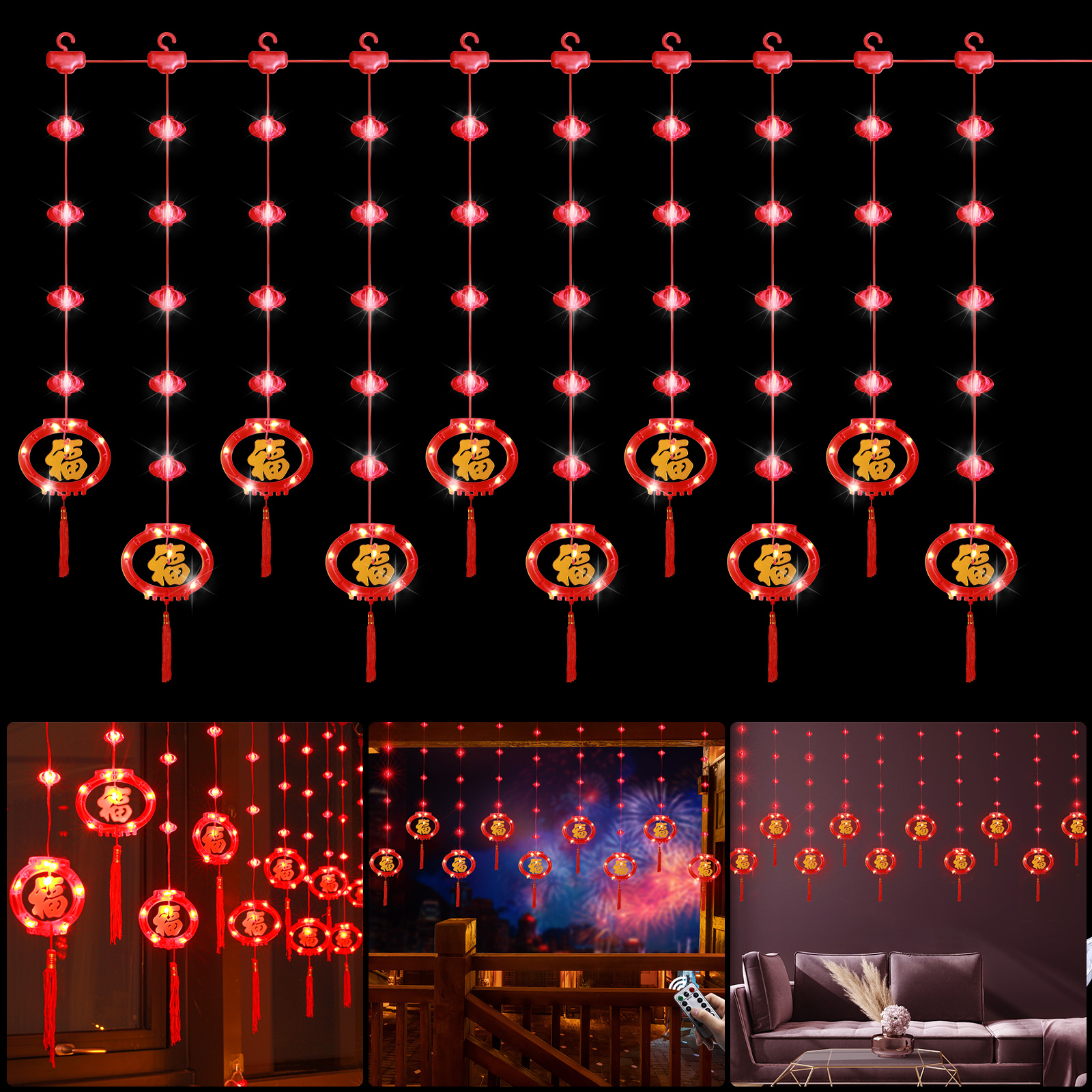 LED Rode Hangende Lantaarns Lichtslingers Chinees Nieuwjaar Gordijn Licht Plastic Chinees Nieuwjaar Rode Lantaarn Licht IP54 8-modus
