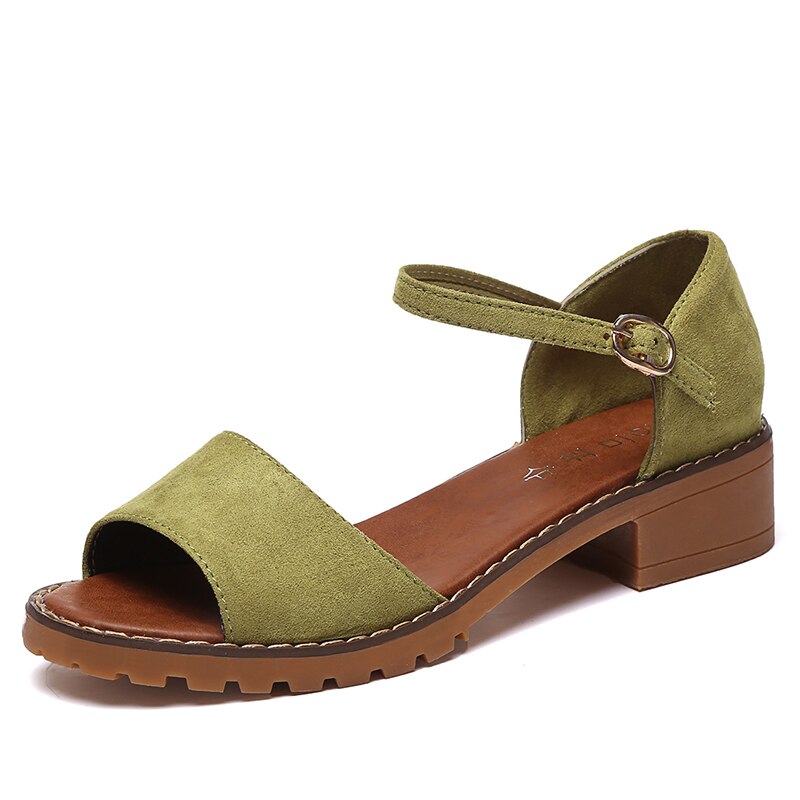 Sommar blommiga sandaler fisk mun kvinnor sandaler pu mocka retro högklackat fyrkantig klack kvinna spänne sko storlek 35-40 q418