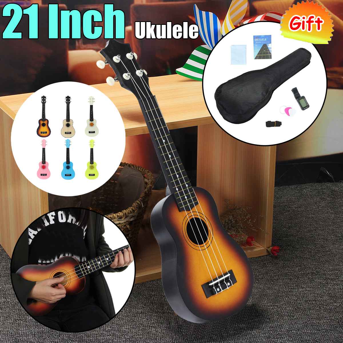 4 Snaren 21 Inch Soprano Ukelele Uke Hawaii Bass Gitaar Guitarra Muziekinstrument Ukelele Set Kits + Tuner + String + Strap + Tas