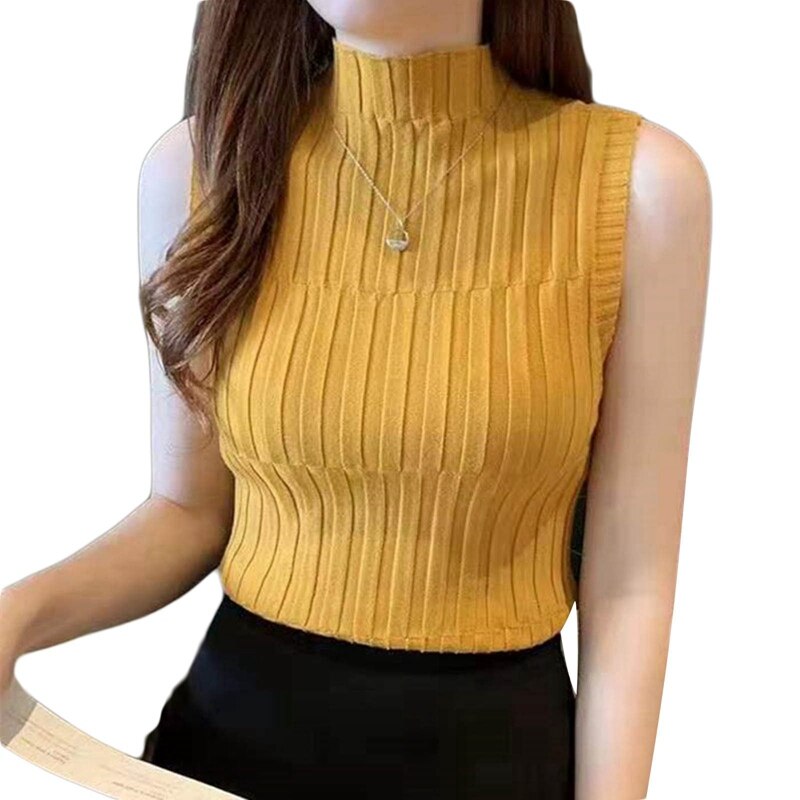 T-shirt col roulé sans manches pour femme, haut moulant en tricot, de , collection été automne: YW
