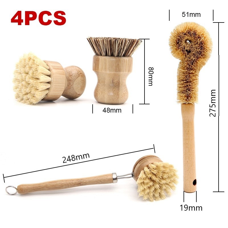 Juego de cepillo de limpieza a base de plantas hecho de bambú, Sisal, Ebow Coir para cocina, botella, Herramientas de limpieza de platos, 4 Uds.: Long