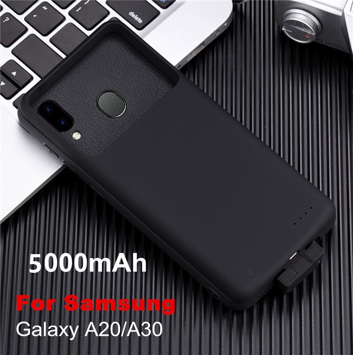 Funda magnética para cargador de batería para Samsung Galaxy A20, funda para banco de energía, cubierta de carga de batería de 5000mAh para Samsung A30: Black