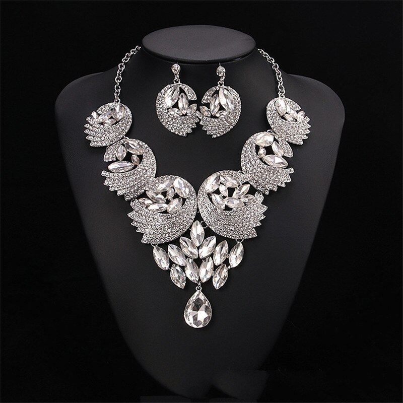 Luxe kleurrijke kristallen veer sieraden sets ketting oorbellen bruids bruiloft strass sieraden accessoires sets voor vrouwen