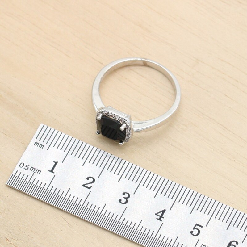 Geometrische Schwarz Zirkonia 925 Silber Schmuck einstellen für Frauen Lange Ohrringe Halskette Anhänger Ring Geburtstag