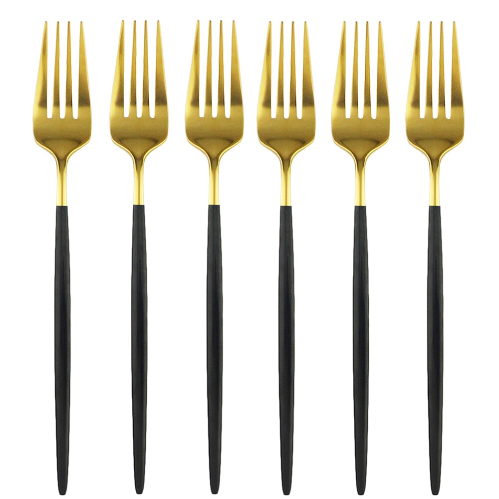 6 stk dessertgaffel farverig bestik lang skaft gaffel spejl bestik rustfrit stål køkkentilbehør mini kagegafler fest: Sort guld