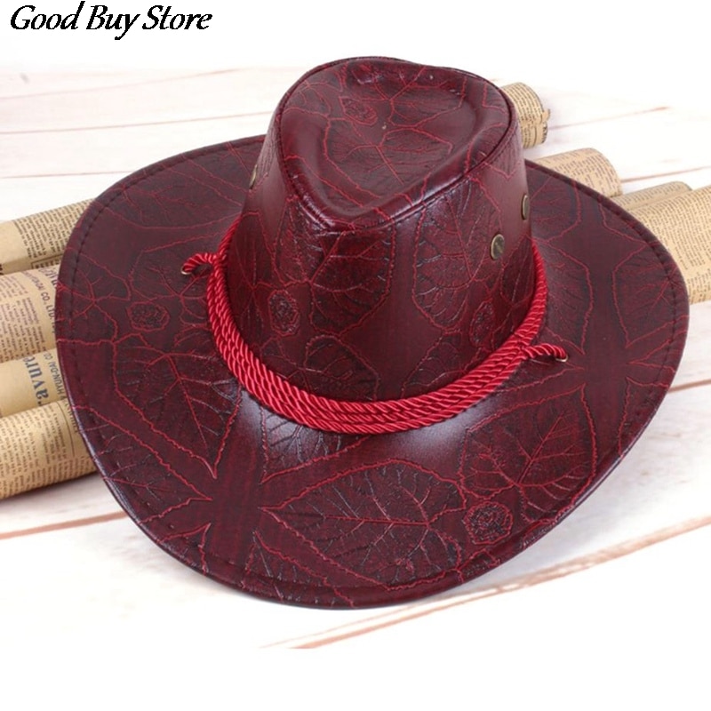 Leather Western Cowboy Hat Gentleman Wide Brim Retro Sun Hats Summer Beach Breathable Travel Chapeu Sombrero Jazz knight Caps