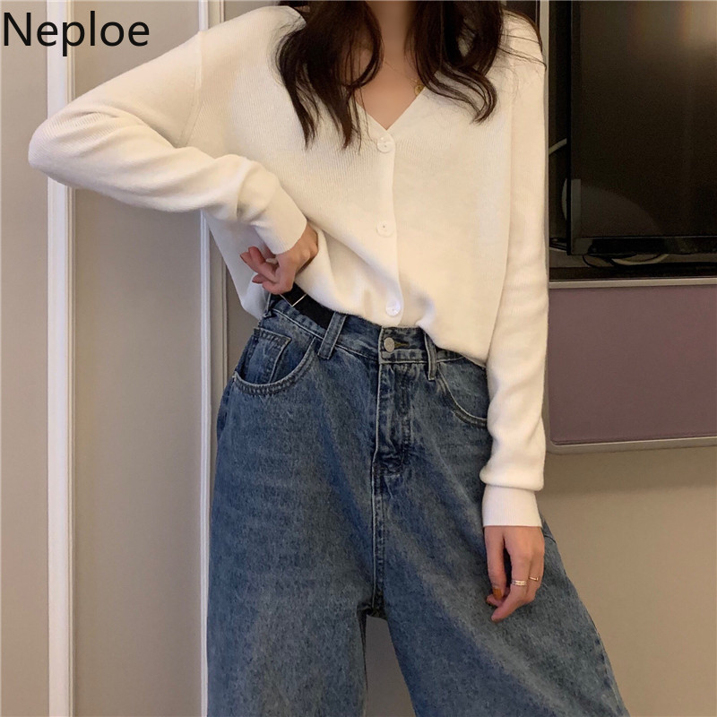Neploe løs skør stil enkelt bryst sweater cardiagns kvindelig v-hals langærmet strikket jumper pull femme frakke solid løs 48010