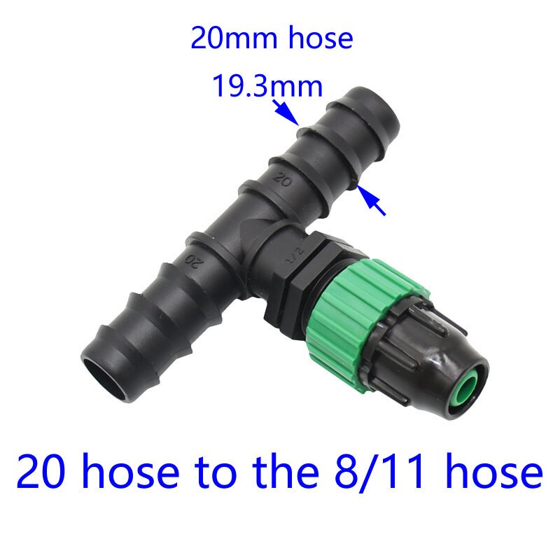 Udvendigt gevind 1/2 3/4 "  to 8/11 slange reducerende tee barb haveslange 16mm 20mm til 9/12 slange tee-stik 3- vejs stik 1 stk: 20 to 8 i 11 slange