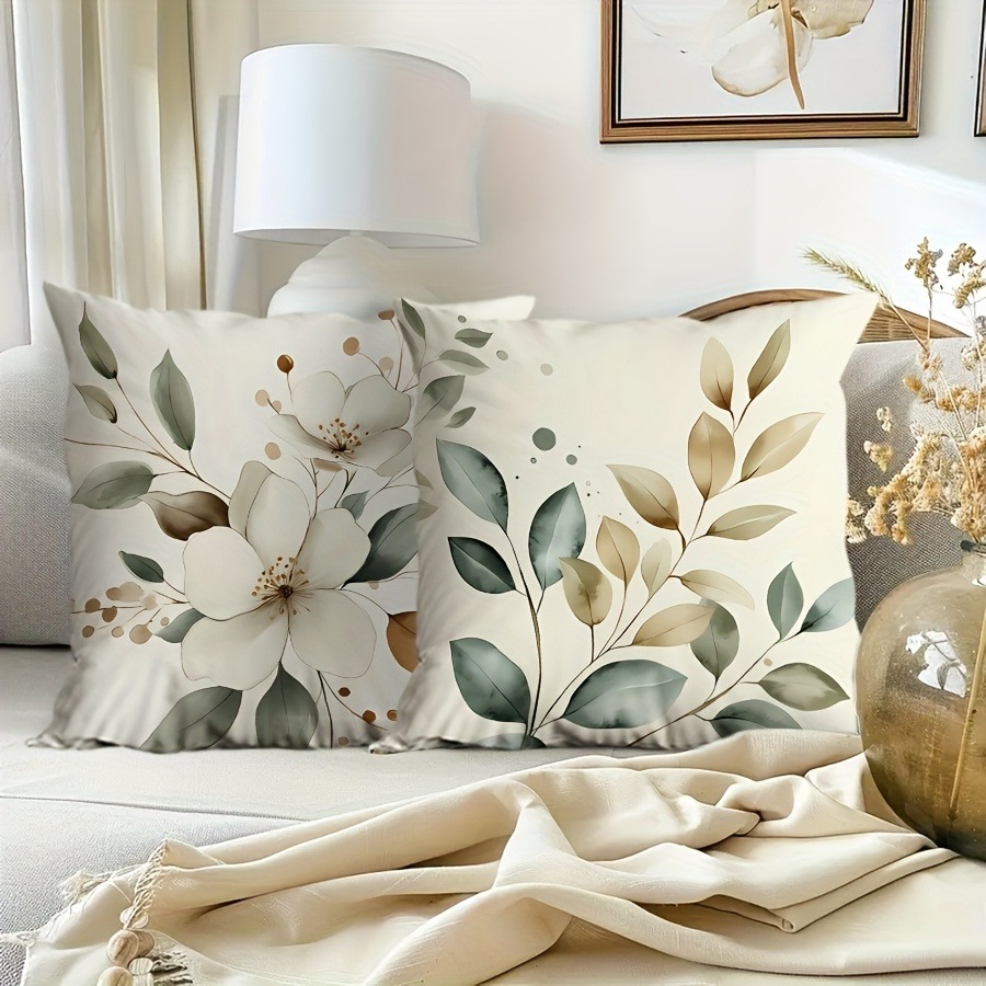 Naturlig pudebetræk i blad- og blomsterstil, soveværelse, stue, sofa, boligindretning, polyesterpudebetræk med lynlås