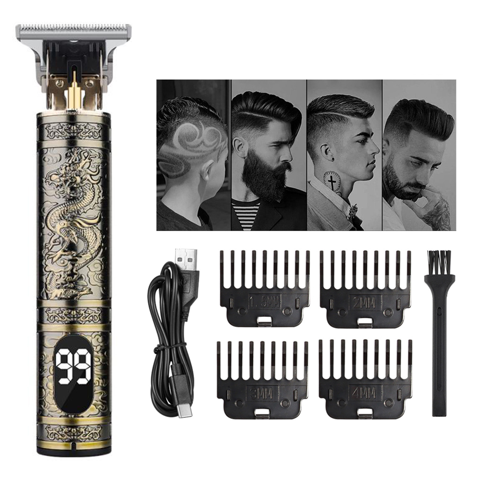 Cortadora de pelo Vintage T9 para barbería, Máquina para cortar cabello, cortadora eléctrica, cortadora de pelo led, afeitadora de barba tallada de dragón: Rojo