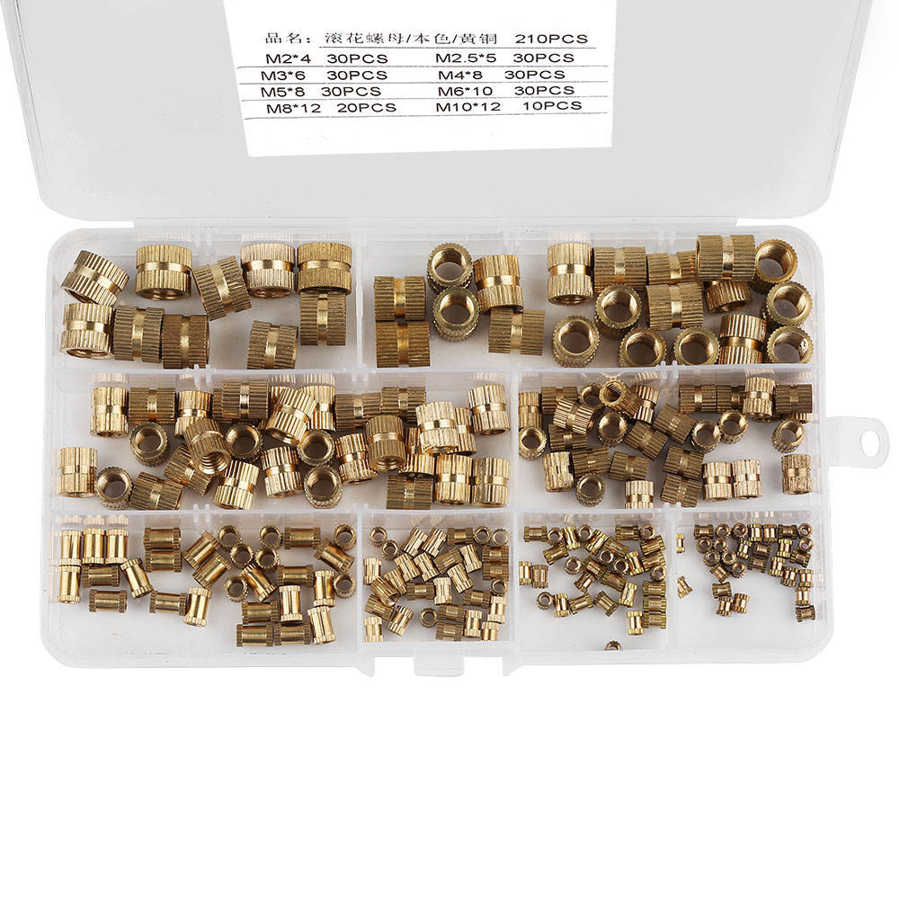 210pcs 8sizes M2-M10 Brass Cylinder Knurled Threaded Round Insert Embedded Nuts