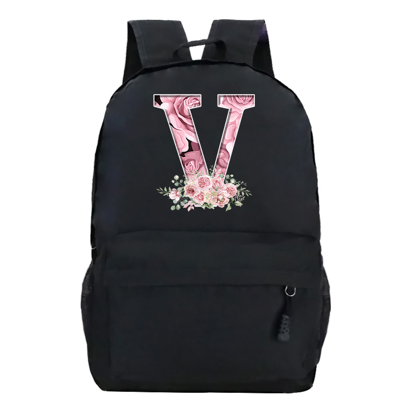 Pink Rose Alphabet Backpack Black Casual Women Aesthetics Rucksack Teenage Girl Boy Flower Letter School Bag Student Mochilas