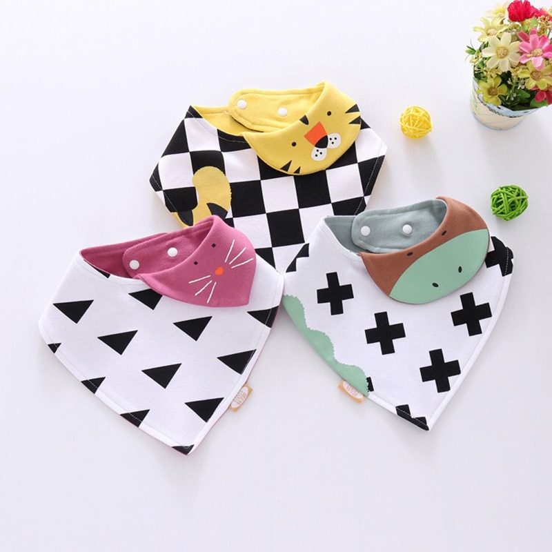 Reusable Washable Cotton Baby Bibs Burp Cloth Cartoon Animals Printing Triangle Bibs Cotton Adjustable Baby Meal Bib Infant Bibs