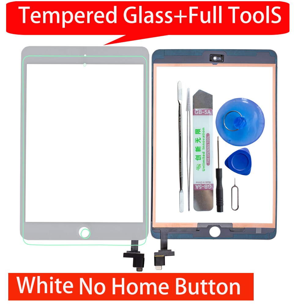 For iPad mini 3 Touch Screen Assembly Panel With Home Button And IC Connector A1599 A1600 +Tools+Tempered Glass: white no home button