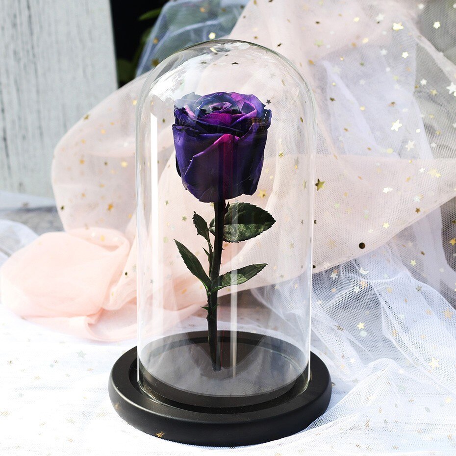Torkade blommor konserverade rosor i glasskåpa med nattljus ornament bröllop alla hjärtans dag jul år heminredning: Lila