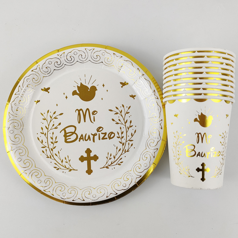 Assiettes en papier espagnol Mi Bautizo de 7 pouces et tasse de 250ml, articles de décoration de fête de baptême pour enfants d'espagne, 20 pièces