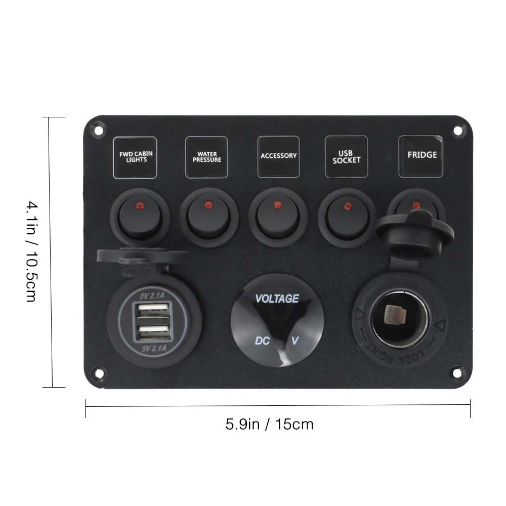 Boot Schalter Panel Auto Schalter Panel Wasserdichte Digital Voltmeter Dual USB Port 12V Outlet Kombination Marine LED Rocker 5 gang