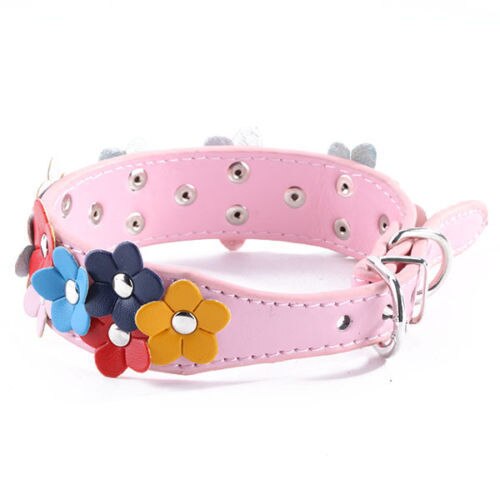Colours Flower Studded Dog Coller Collar Pu Leather Pet Puppy Cat Neck Strap: Pink / M