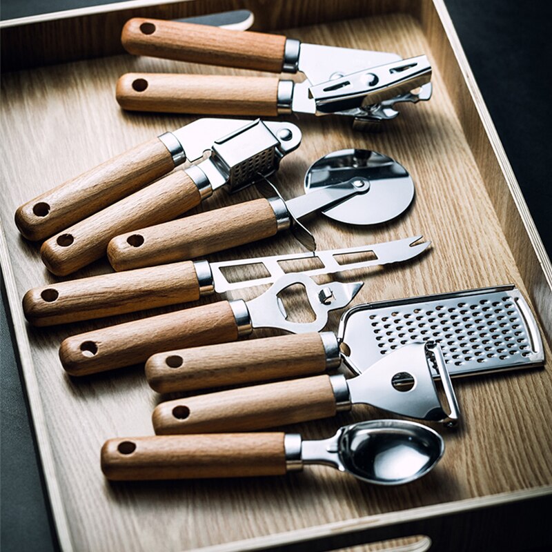 Stainless Steel Kitchen Gadget Set with Wood Handle Multifunctional Kitchen Tools Peeler Can Opener Whisk Garlic Press Cutter