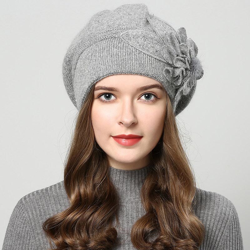 Brand Female Beret Wool Knitting Cap Hat Autumn Winter Floral Women Berets: Gray
