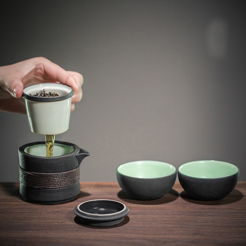 Portable Teapot Tea Cup Set Travel Tea Set Home Office Ceramics One Pot Two Cups Simple Tea Set