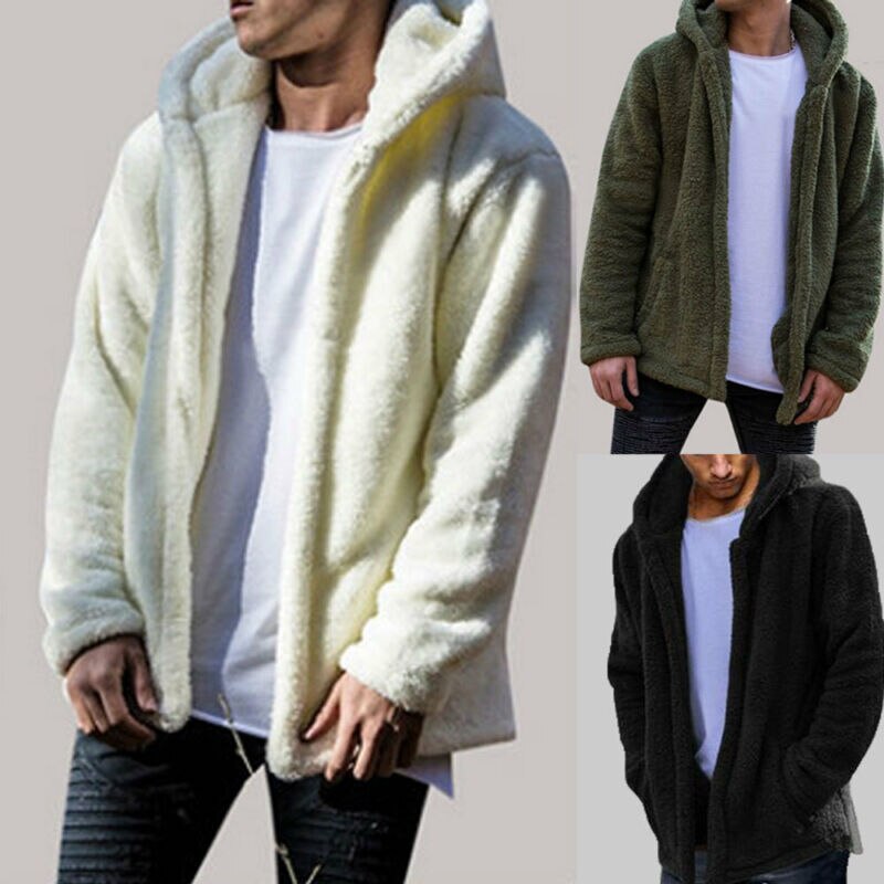Men Male Casual Winter Warm Teddy Bear Pocket Coat Fleece Fur Jackets Hoodies Outwear