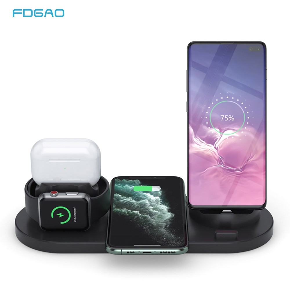 10W Qi Wireless Charger Dock Station 6 in 1 For iPhone Airpods Micro USB Stand Type C Fast Charging 3.0 For Apple Watch Charger