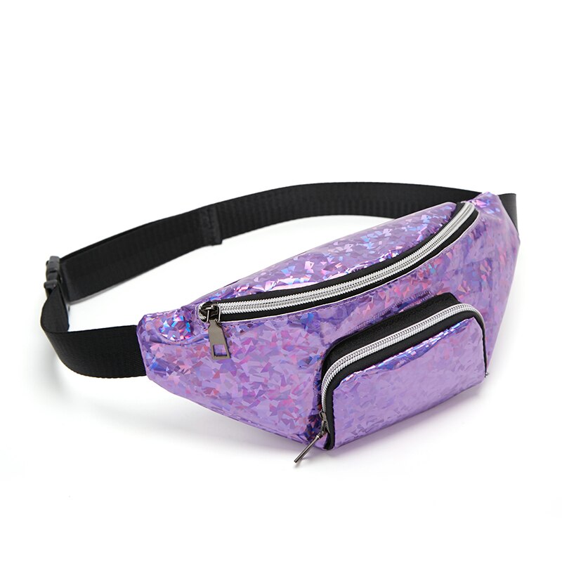 Women Girls Waist Fanny Pack Belt Pouch Hip Bum Bag Shinny Zipper Travel Sport Small Cellphone Purse Chest Pack: Purple
