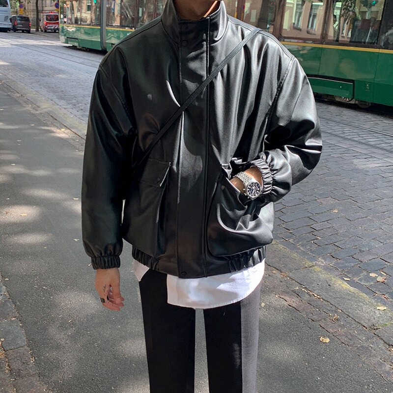 Simple Stand Collar Loose PU Leather Motorcycle Jacket