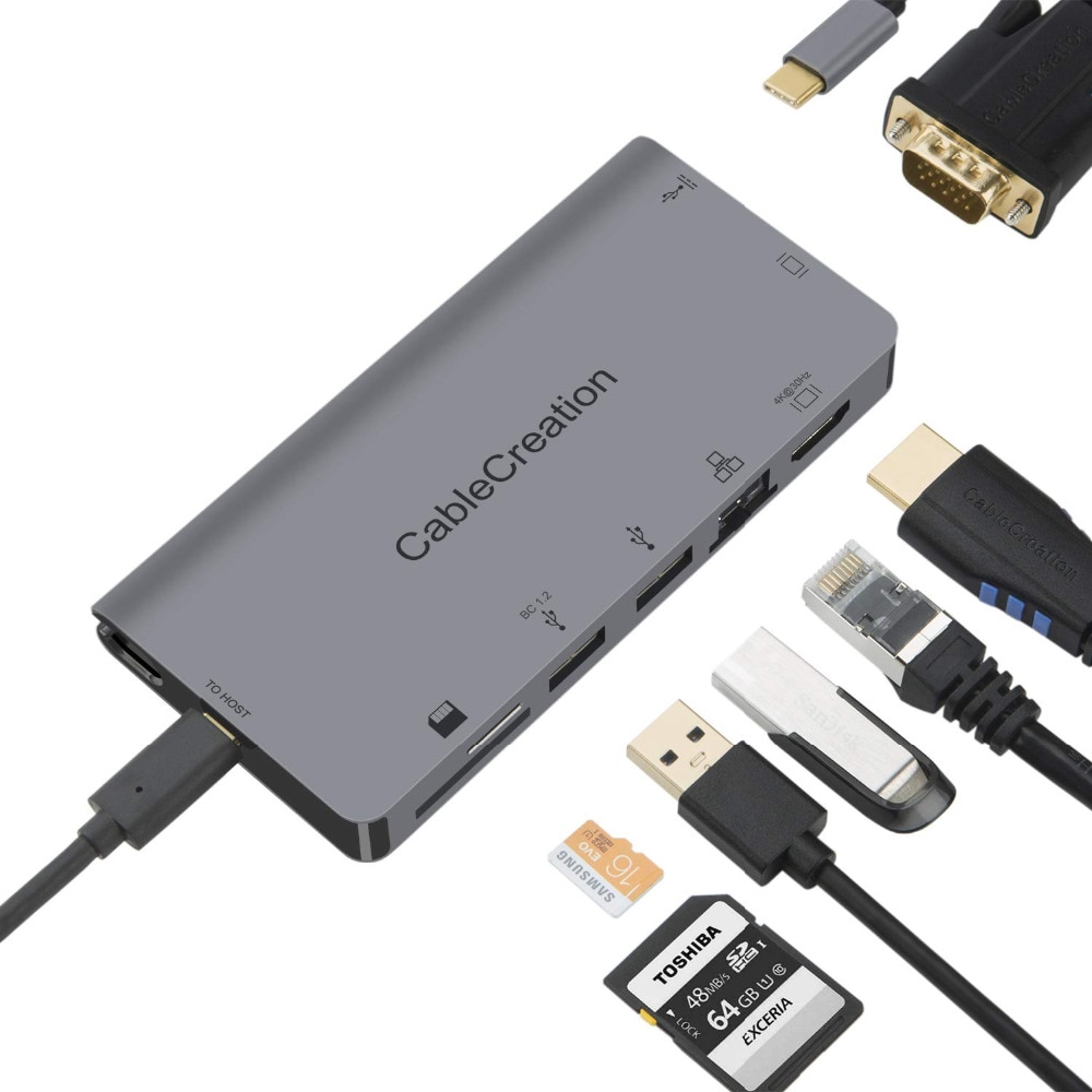 Usb C Multipoort Adapter, cablecreation Type C Naar Hdmi 4K + Vga + Usb 3.0 + Gigabit Ethernet + Sd/Micro Sd + USB-C Data Of Pd Opladen Dock
