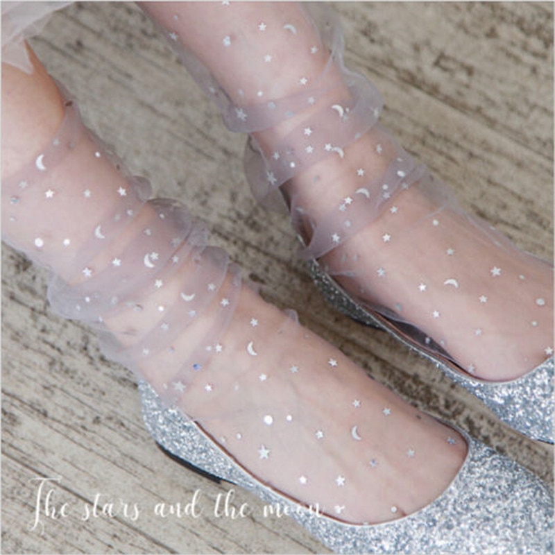 Kvinder glitter stjerne måne ankel sokker blødt mesh stjerne patchwork ren gennemsigtig elastisk ren sokker