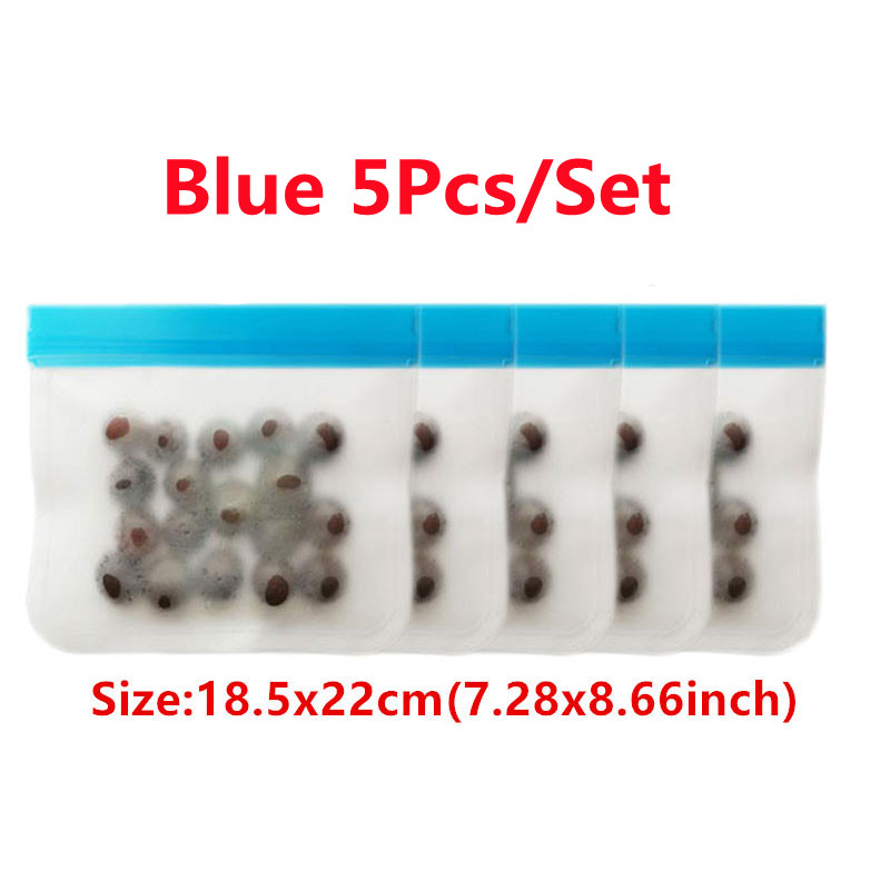 Juego de Bolsas de Silicona para Alimentos, Conjunto de Empaques con Sello, Ideal para Almacenamiento y Conservación Fresca de Frutas y Verduras, Reutilizable, A Prueba de Fugas, Estilo Bolsa Ziploc, 14 Piezas: 5Pcs Blue