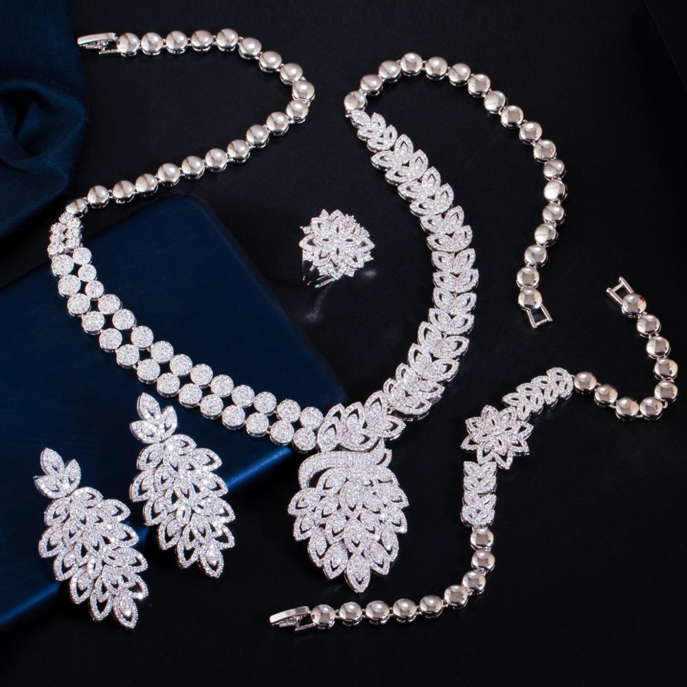 CWWZircons 4 pcs Royal Party Bridal Cubic Zirconia Necklace Luxury Dubai Nigerian Gold Color CZ Wedding Women Jewelry Set T485