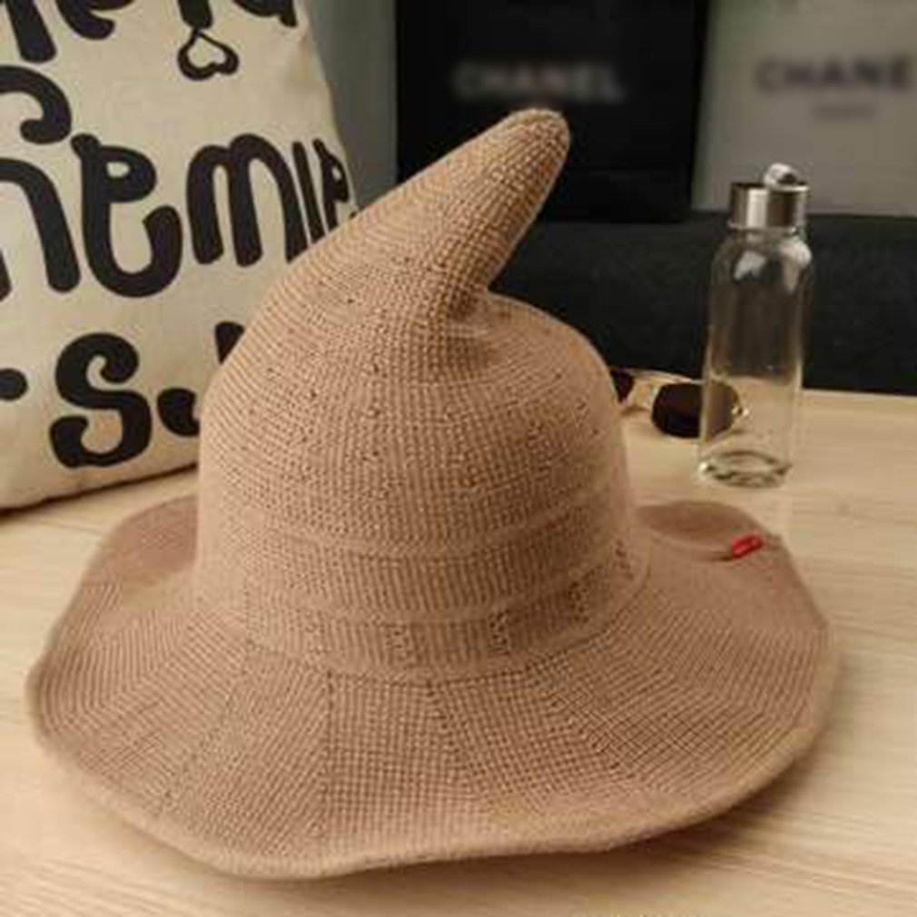 Modern halloween ull häxahatt för kvinnor vikbar bredbredd solboll hatt mössa andningsbar bomulls solhatt: Kaki
