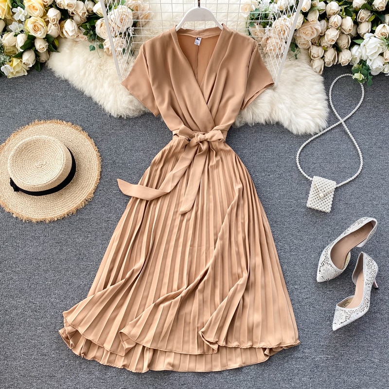 Midi retro Dress Women's Solid Color V-neck Lace-up Waist Slimming over-the-Knee Pleated Dress Office Lady