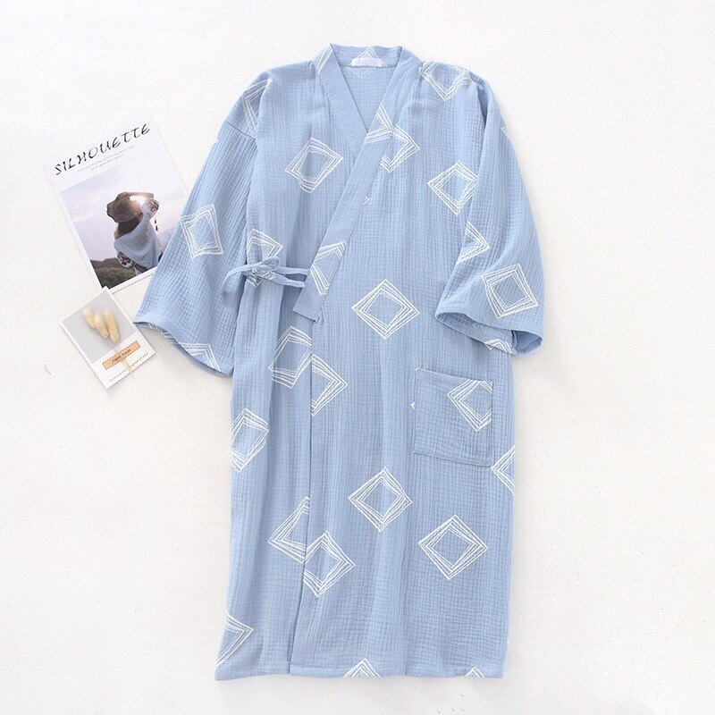 Lente En Zomer Mannen Nachtkleding Eenvoudige Stijl Comfort Gaas Katoen Gewaden Kimono Stijl Losse Dunne Homewear Mannen Badjas: Blue / L