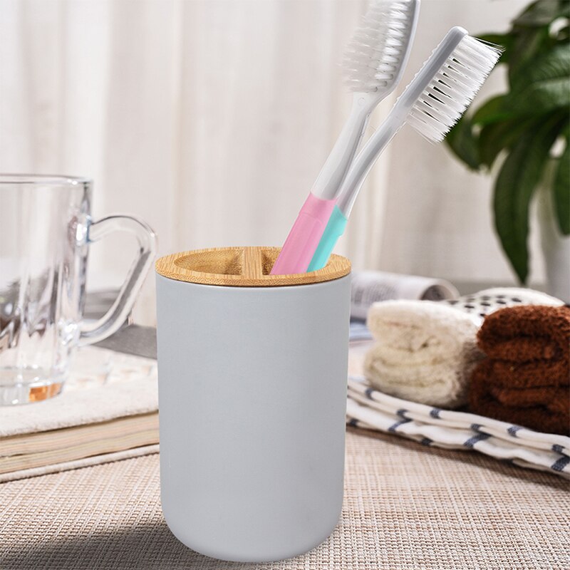 Dispensador de jabón de bambú con bote de basura, taza de cepillo de dientes, botella de loción, accesorios para el baño, 6 uds. #1013