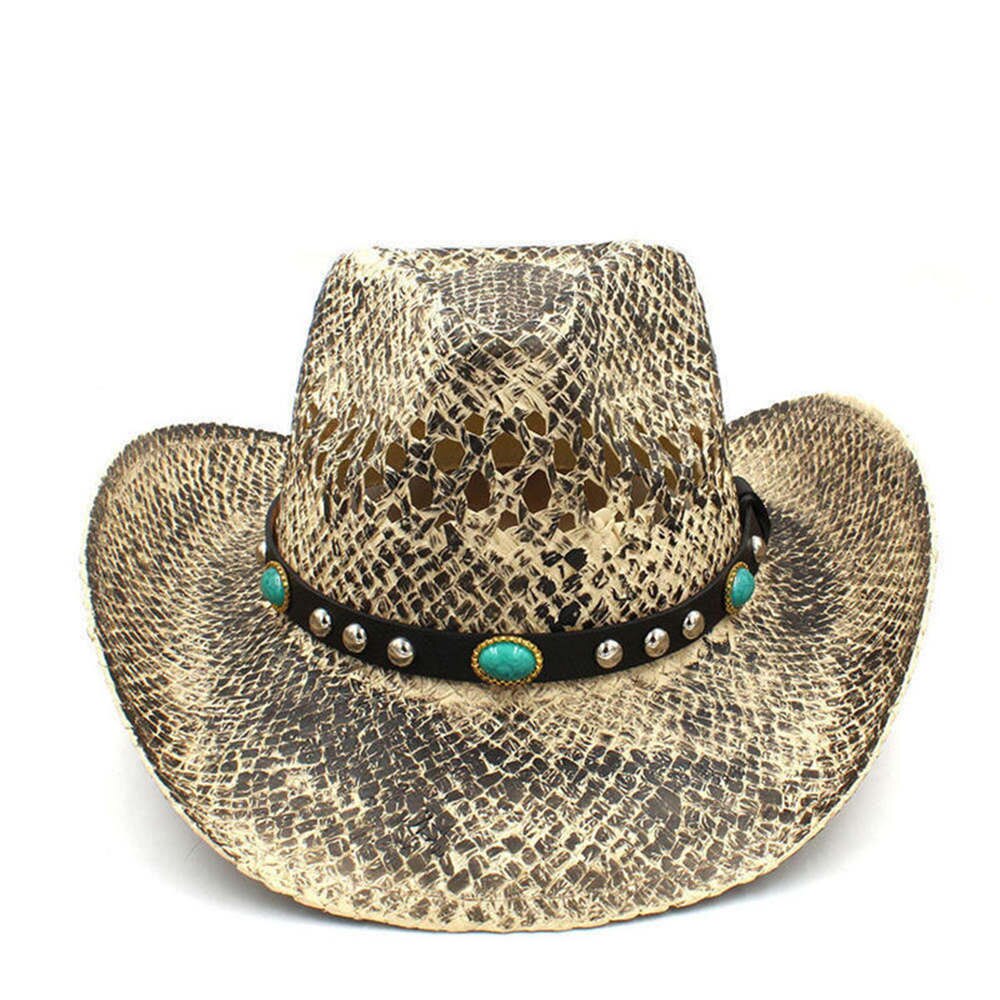 100% Straw Men Western Cowboy Hat Handmade Weave Dad Sombrero Hombre Cowgirl Jazz Caps Punk Belt Band Size 56-58CM: C3 CAI