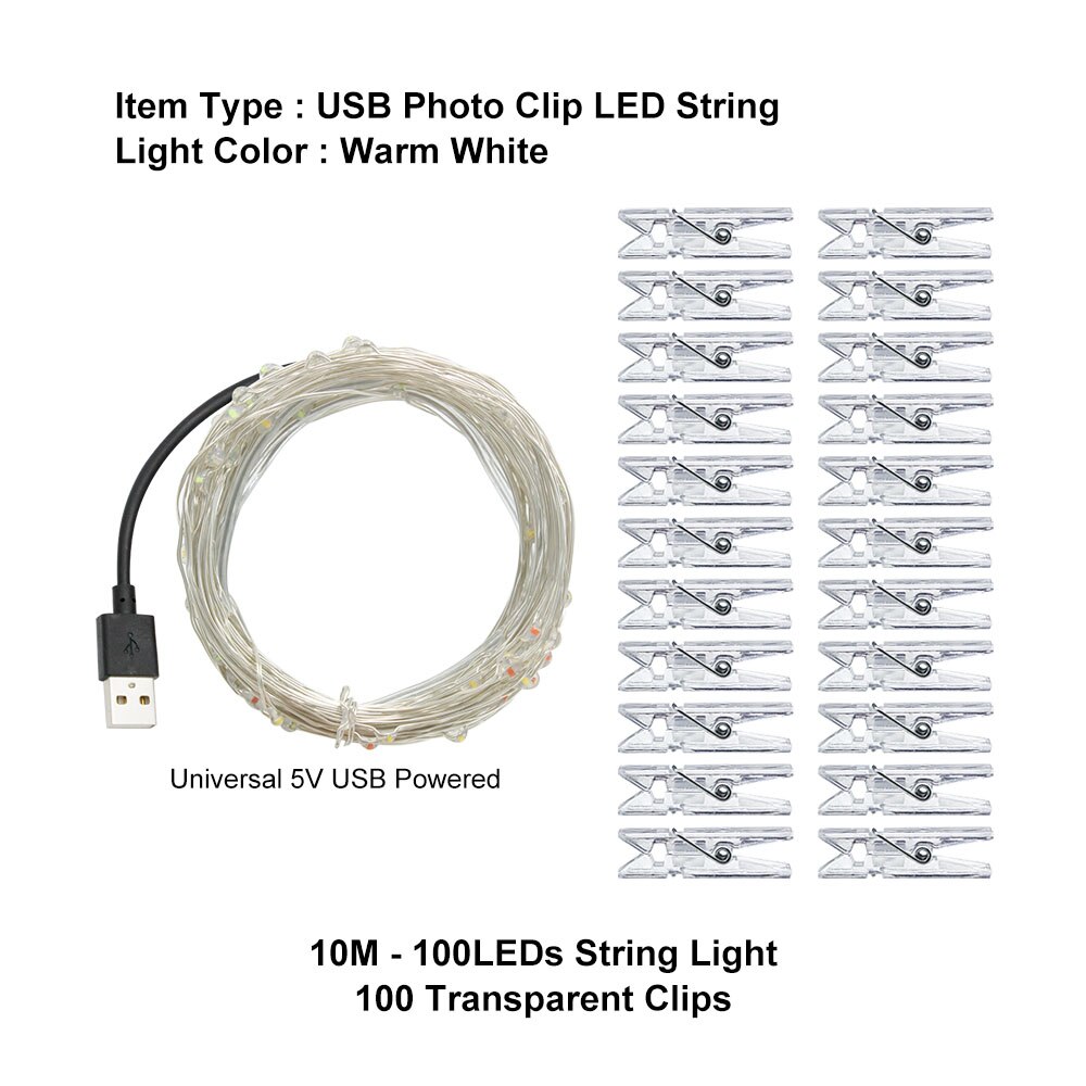 2m 5m 10m LED Garland Photo clip string lights powered by Battery USB fairy light Wedding Party lighting Home Decoration: 10M - 100 Clips