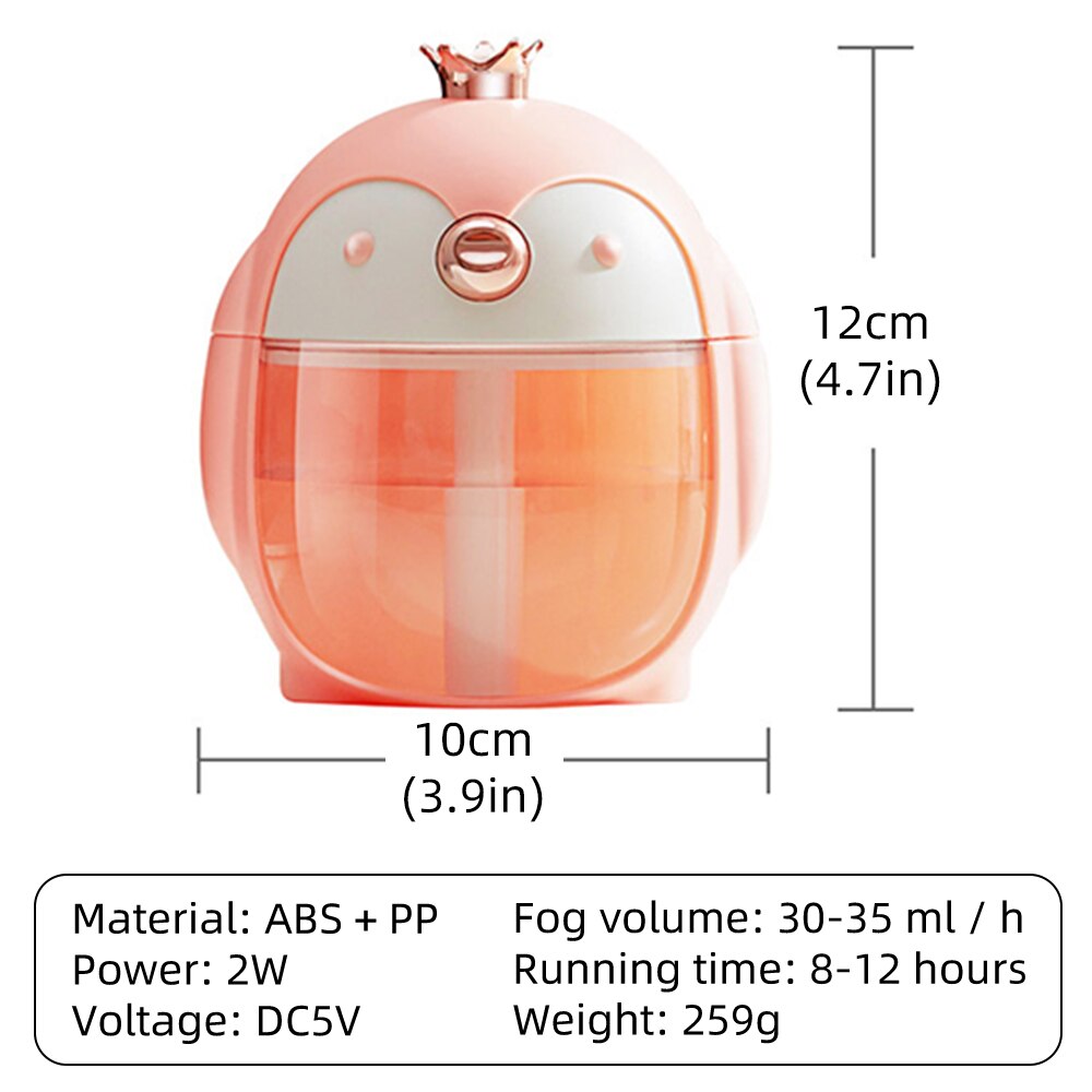 300ml draagbare ultrasone luchtbevochtigers, schattige huisdierpinguïn, lucht-usb-aroma, auto-mist, etherische olie diffuser met nachtlampje, verdamper