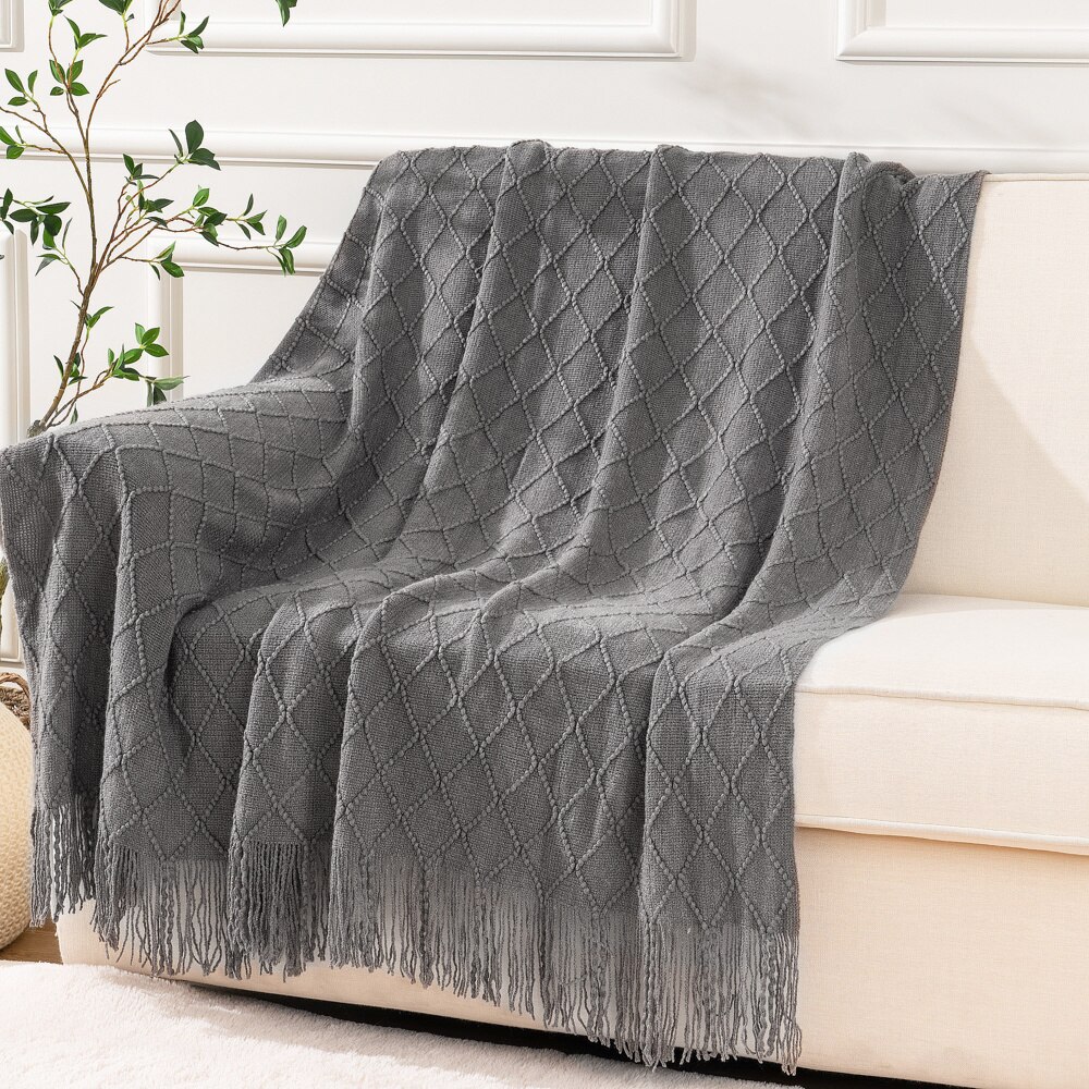 100% Acrylic Knitted Blanket Soft Red Throw Blanket with Tassels Cozy Light Solid Color bedding Blanket: Grey / 127x152cm