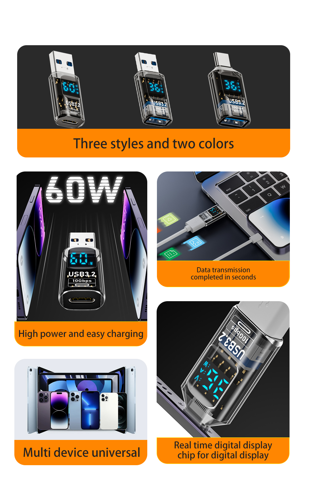 NNBILI USB 3.2 Digital Display Adapter 10Gbps USB Male TO USB Female adapter Fast Charging Data USB C Adapter For Laptop