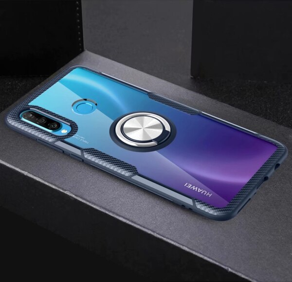 Huawei P30 Lite Case Cover Luxe Transparante PC + Carbon Fiber Volledige Bescherming Ring Magnetisme Shell sFor Huawei P30 Coque funda: Huawei P30 / Marineblauw