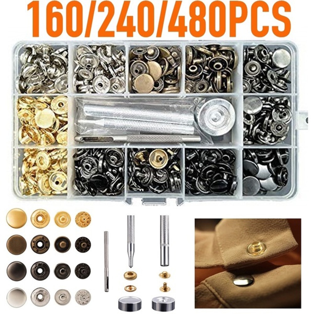 Lederen Snap Fasteners Kit,12.5Mm Metalen Knop Snaps Drukknopen, 160/240/480 Stuks Gereedschap, 4 Kleur Lederen Snaps Voor Kleding, Jassen