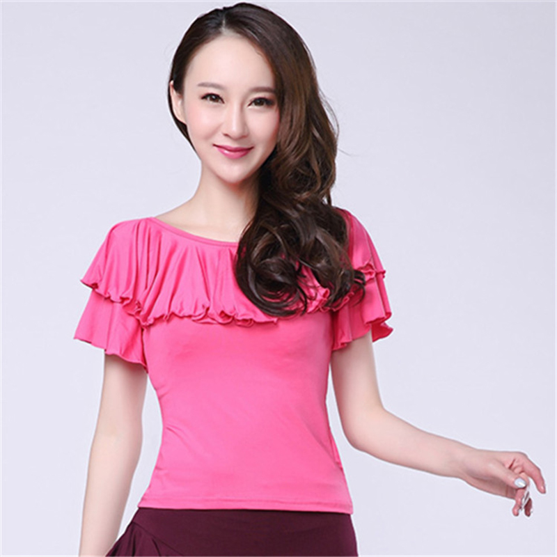 Latin Dance Ballroom Dansshirt Activewear Top Ruches Pure Kleur Dames Performance Korte Mouw Melkvezel Blouse Kleding: XL / Roze